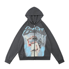 MIXED EMOTION Angel Artwork Graphic Zip-Up Hoodie