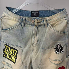 MIXED EMOTION Patchwork Graphic Straight-Leg Jeans