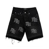 MIXED EMOTION Rhinestone Letter Graphic Relaxed Denim Shorts