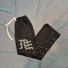 MIXED EMOTION Rhinestone Letter Graphic Relaxed Sweatpants
