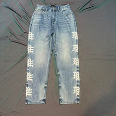 MIXED EMOTION Side Letter Straight-Leg Jeans