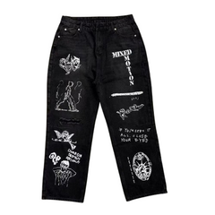 MIXED EMOTION Dual Graphic Distressed Denim Jeans