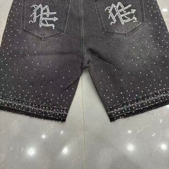 MIXED EMOTION Rhinestone Letter Graphic Relaxed Denim Shorts