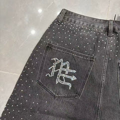 MIXED EMOTION Rhinestone Letter Graphic Relaxed Denim Shorts