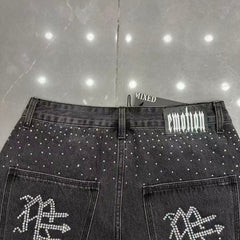 MIXED EMOTION Rhinestone Letter Graphic Relaxed Denim Shorts