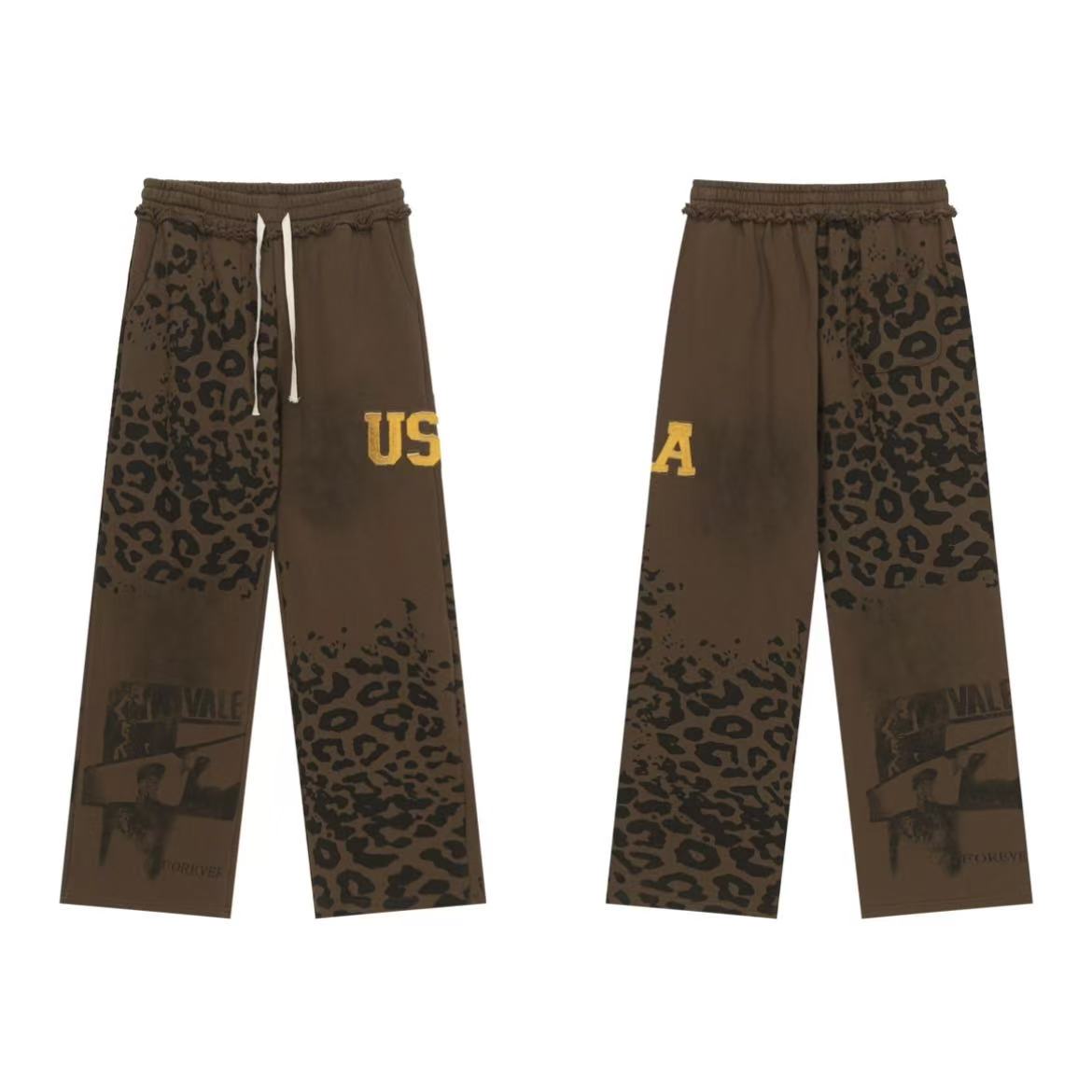 Vale Forever Vintage Leopard Print & "USA" Graphic Zip-Up Hoodie & Sweatpants Set - Brown