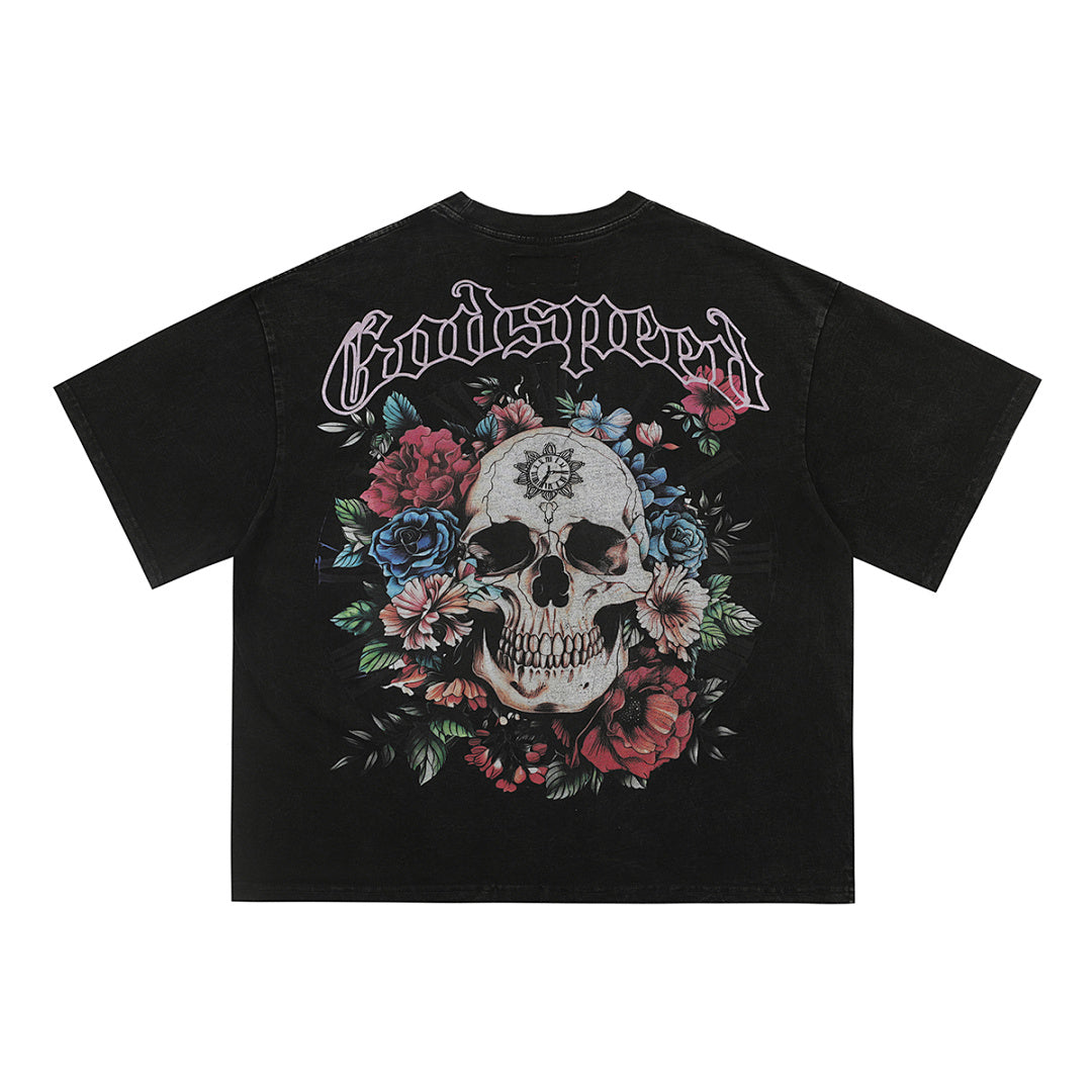 GODSPEED Vintage Skull & Rose Graphic T-Shirt