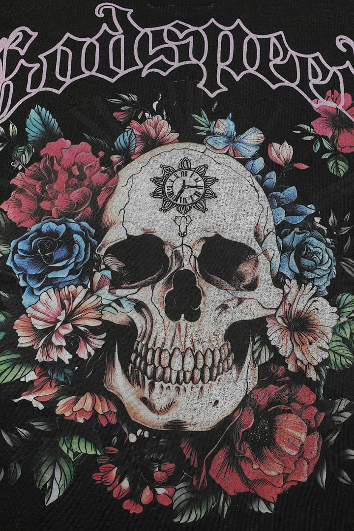 GODSPEED Vintage Skull & Rose Graphic T-Shirt