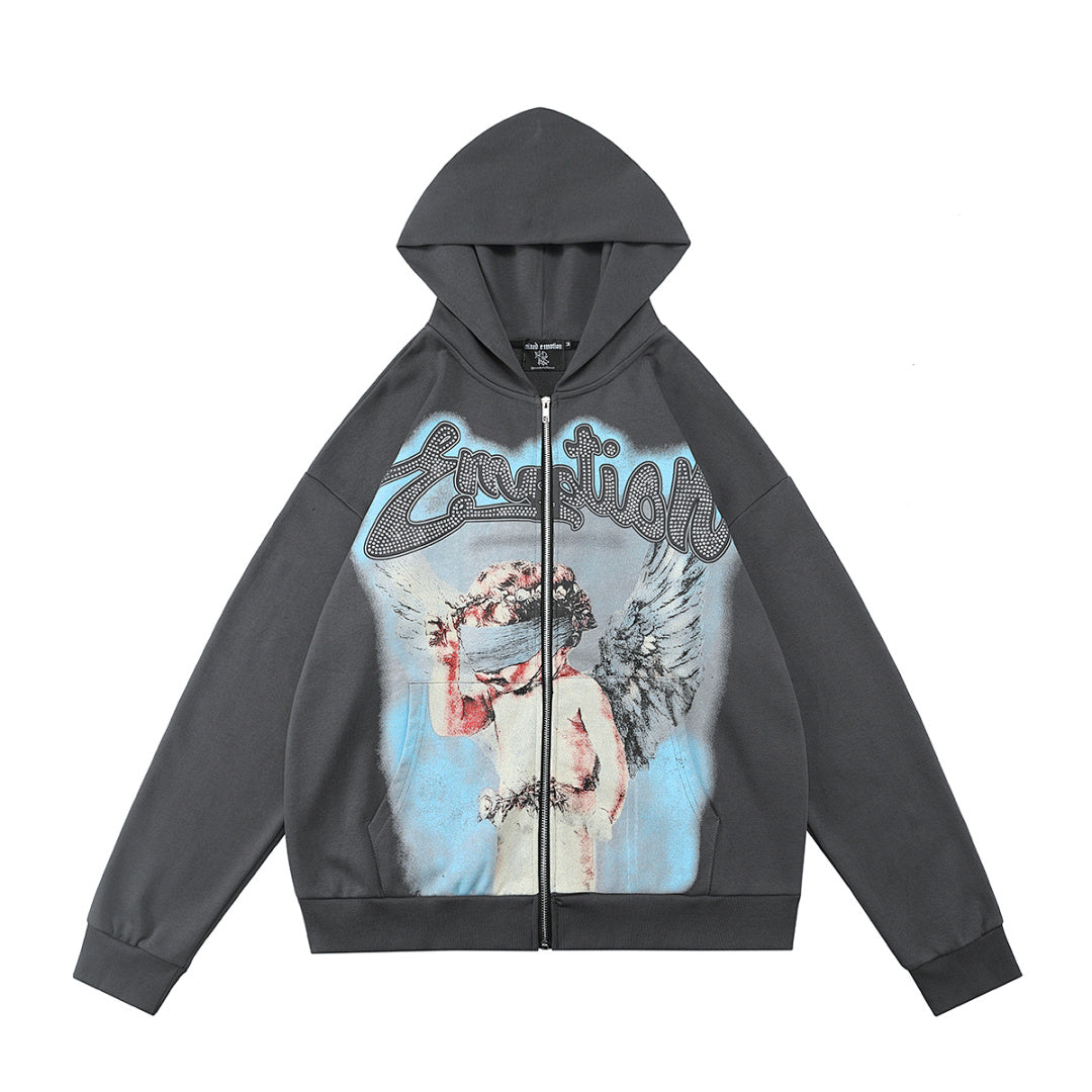 MIXED EMOTION Angel Artwork Graphic Zip-Up Hoodie
