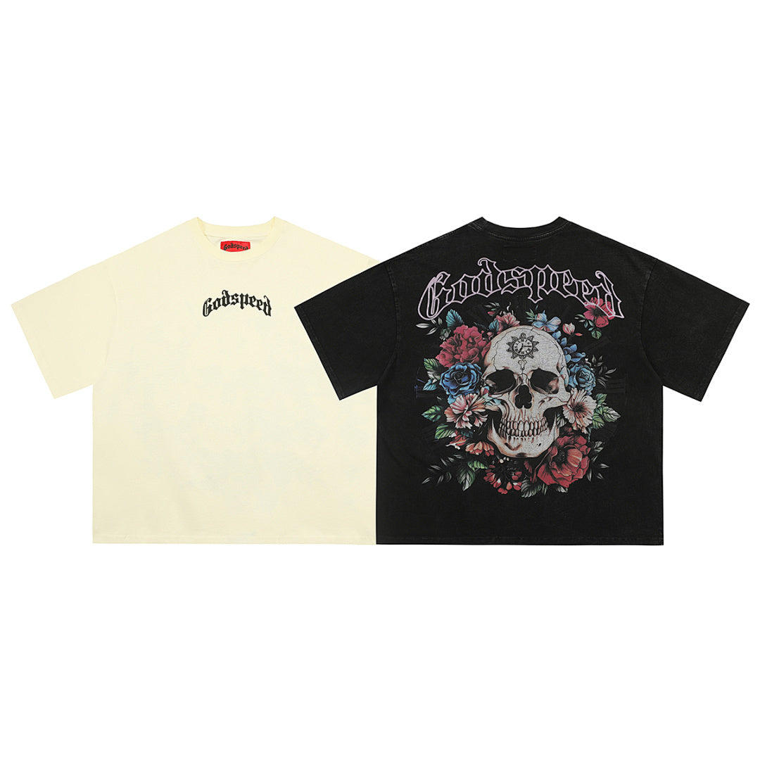 GODSPEED Vintage Skull & Rose Graphic T-Shirt