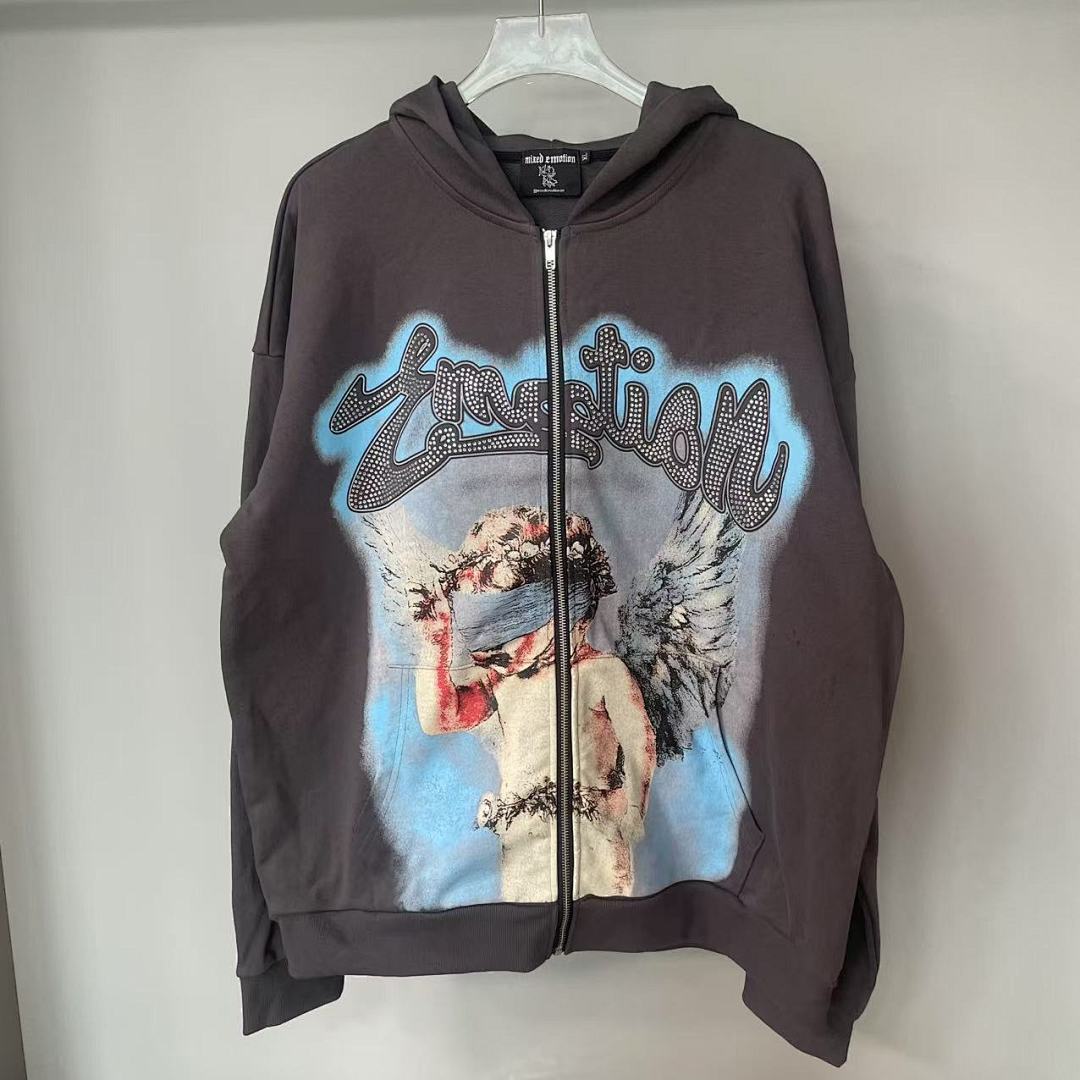 MIXED EMOTION Angel Artwork Graphic Zip-Up Hoodie