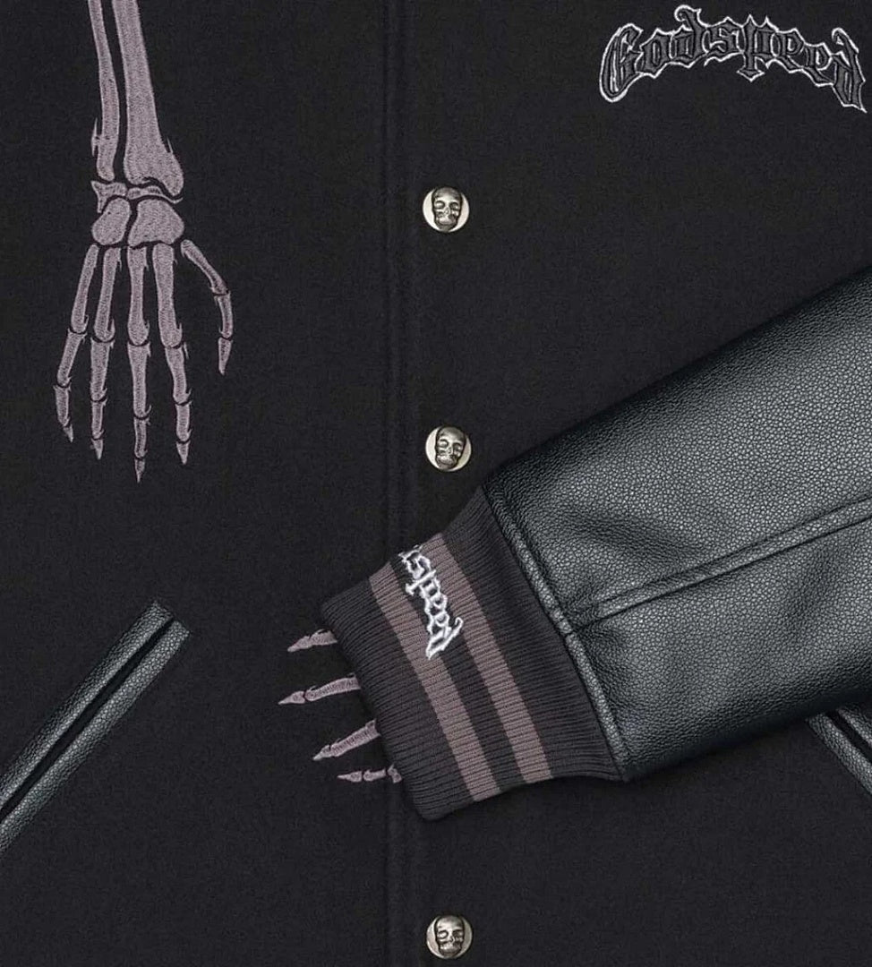 GODSPEED Full Back Skeleton Graphic Varsity Jacket