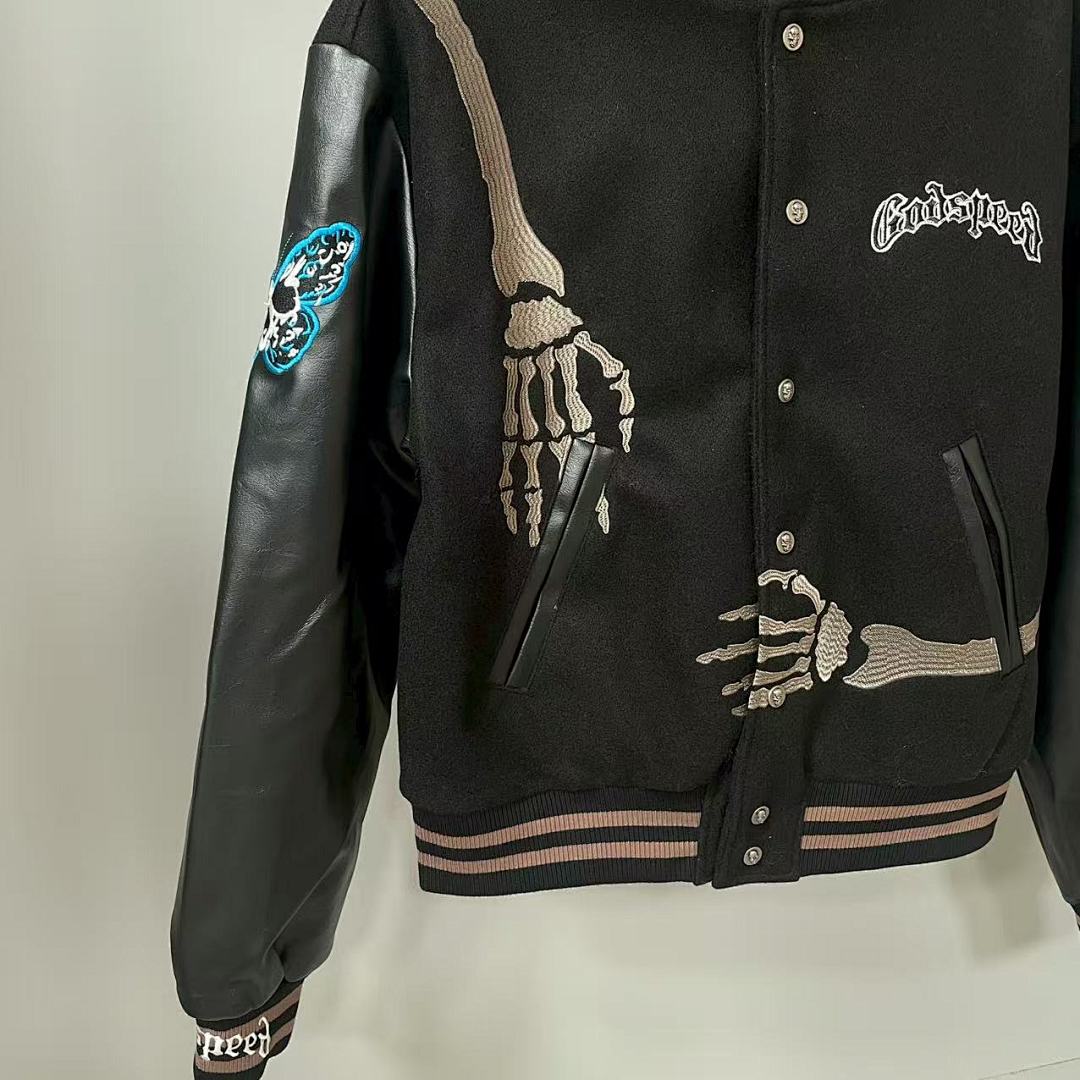 GODSPEED Full Back Skeleton Graphic Varsity Jacket