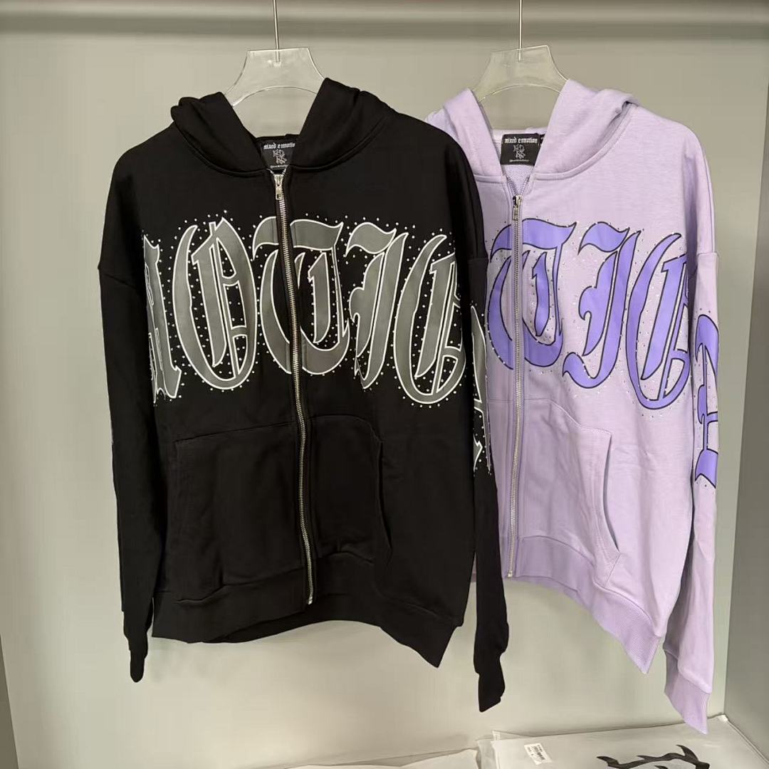 MIXED EMOTION Gothic Script Graphic Zip-Up Hoodie