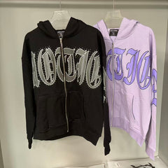 MIXED EMOTION Gothic Script Graphic Zip-Up Hoodie