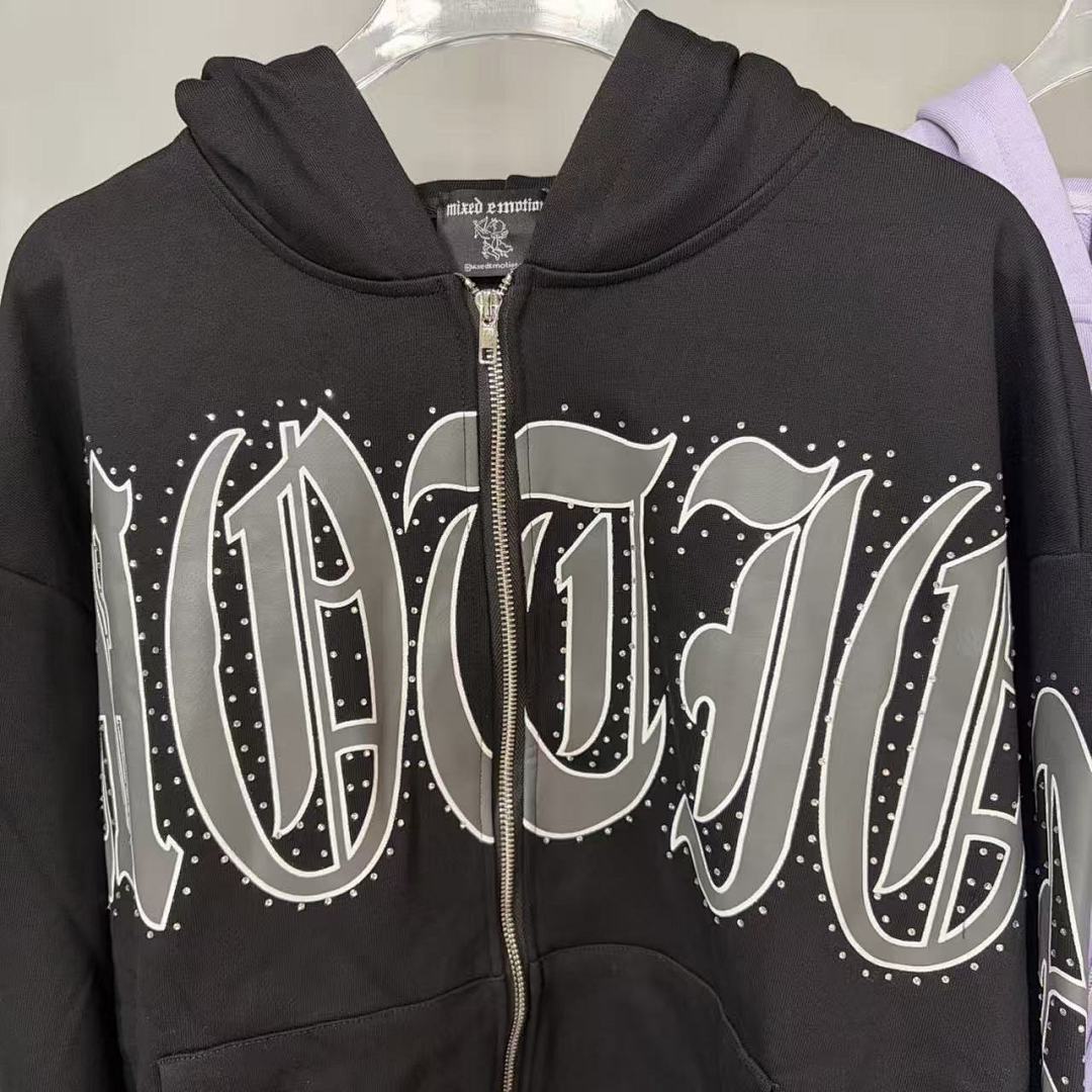 MIXED EMOTION Gothic Script Graphic Zip-Up Hoodie