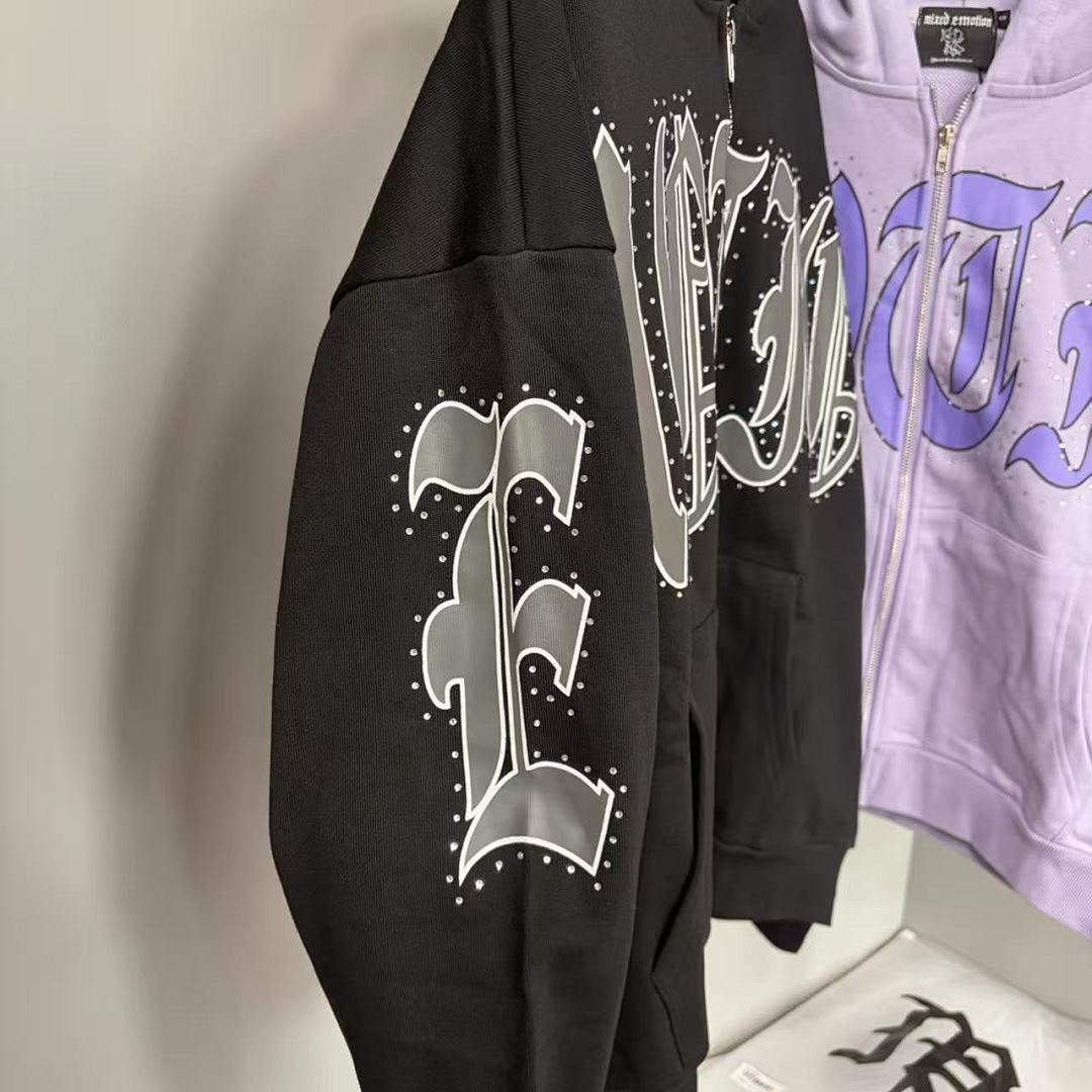 MIXED EMOTION Gothic Script Graphic Zip-Up Hoodie