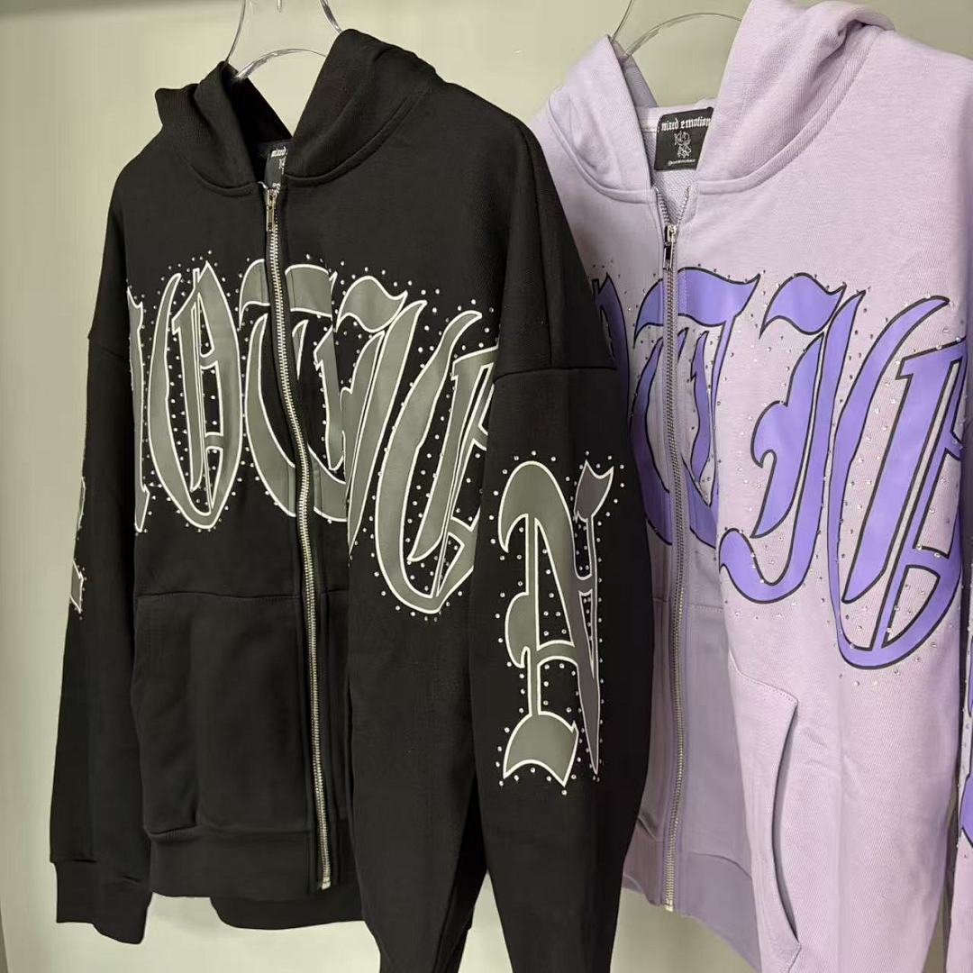MIXED EMOTION Gothic Script Graphic Zip-Up Hoodie