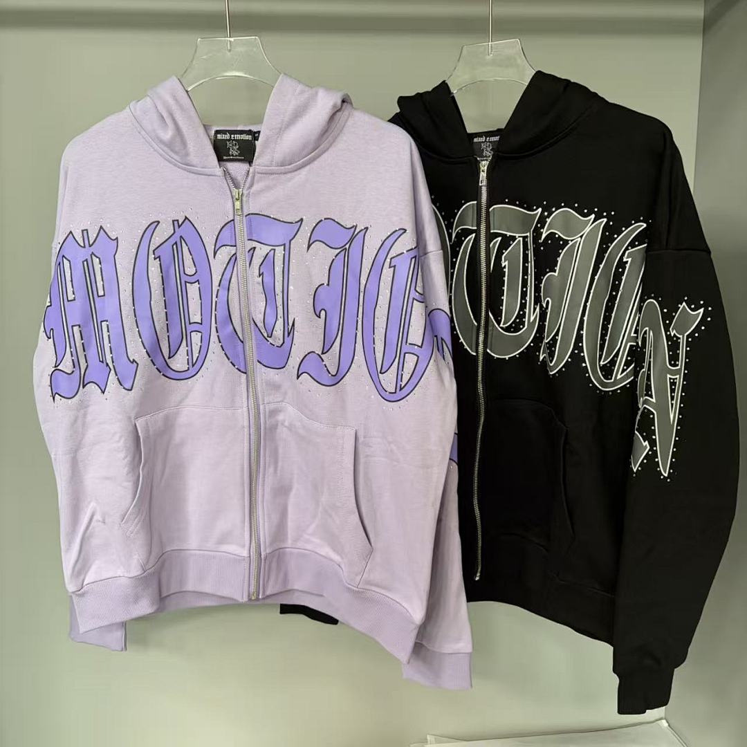 MIXED EMOTION Gothic Script Graphic Zip-Up Hoodie