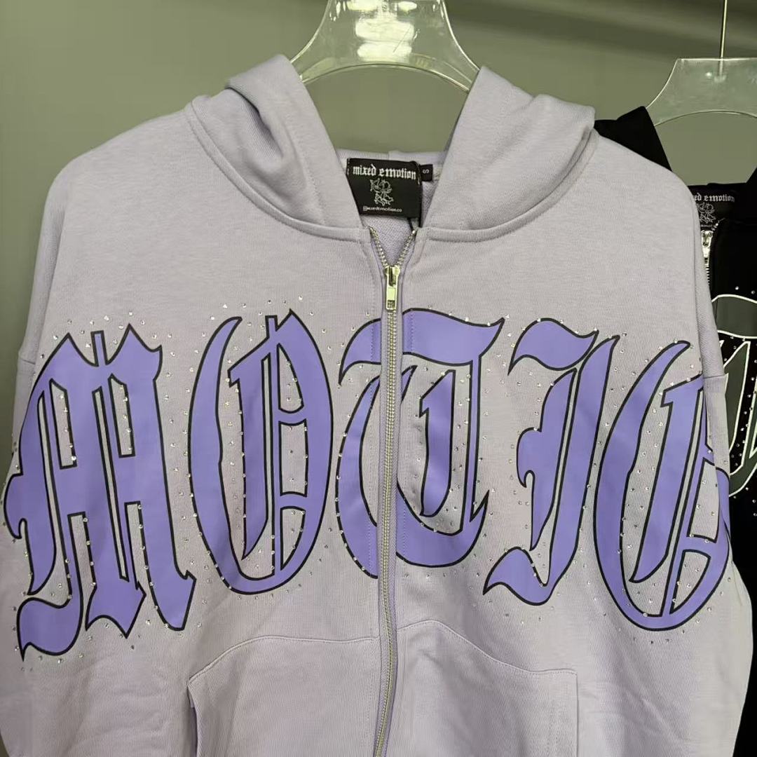 MIXED EMOTION Gothic Script Graphic Zip-Up Hoodie
