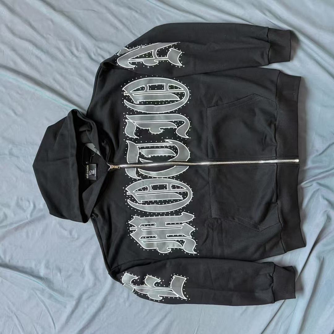 MIXED EMOTION Gothic Script Graphic Zip-Up Hoodie