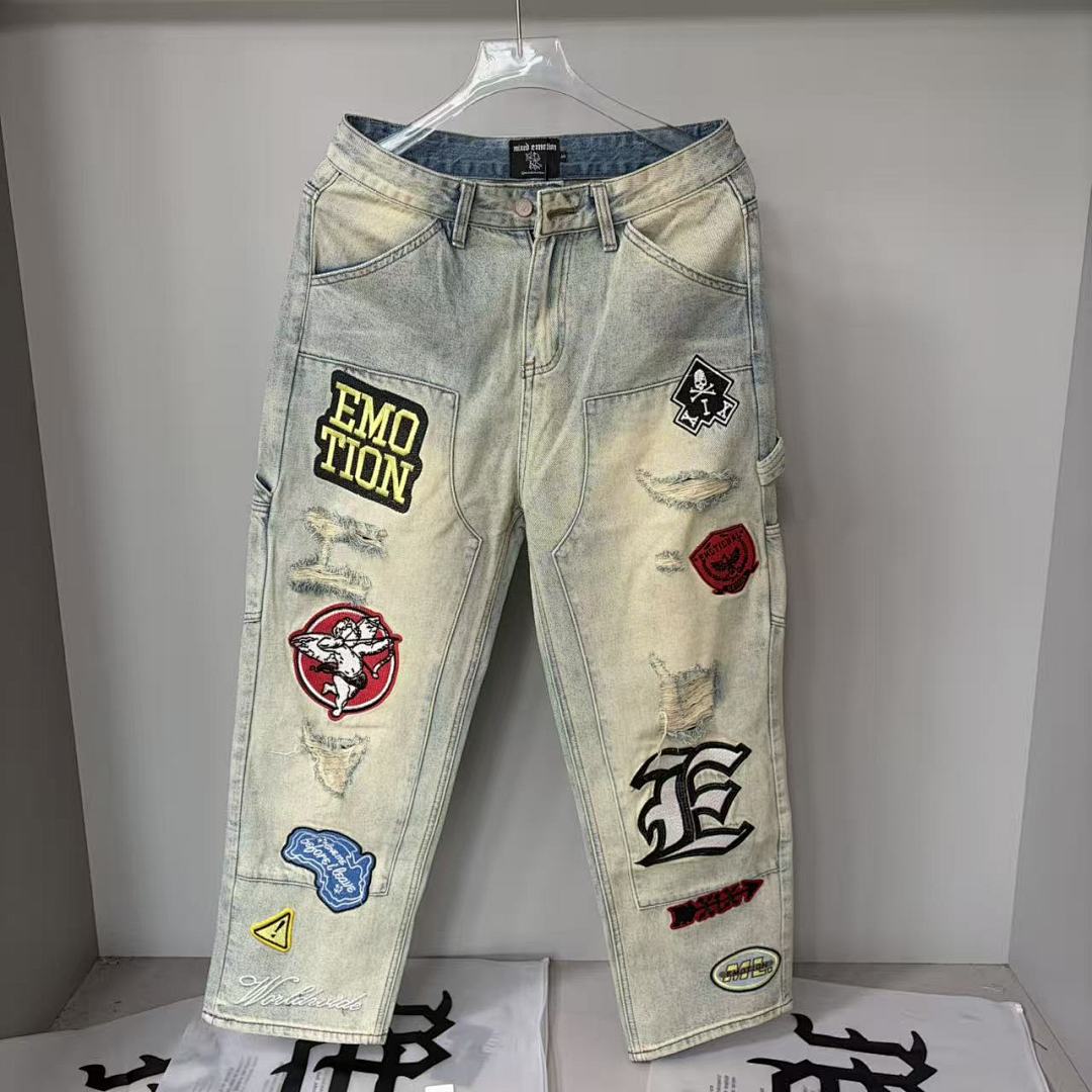 MIXED EMOTION Patchwork Graphic Straight-Leg Jeans