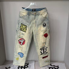 MIXED EMOTION Patchwork Graphic Straight-Leg Jeans
