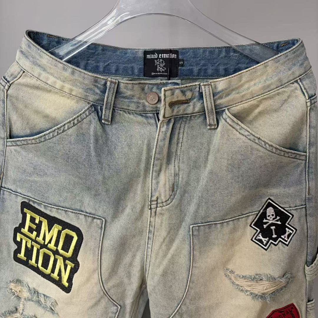 MIXED EMOTION Patchwork Graphic Straight-Leg Jeans