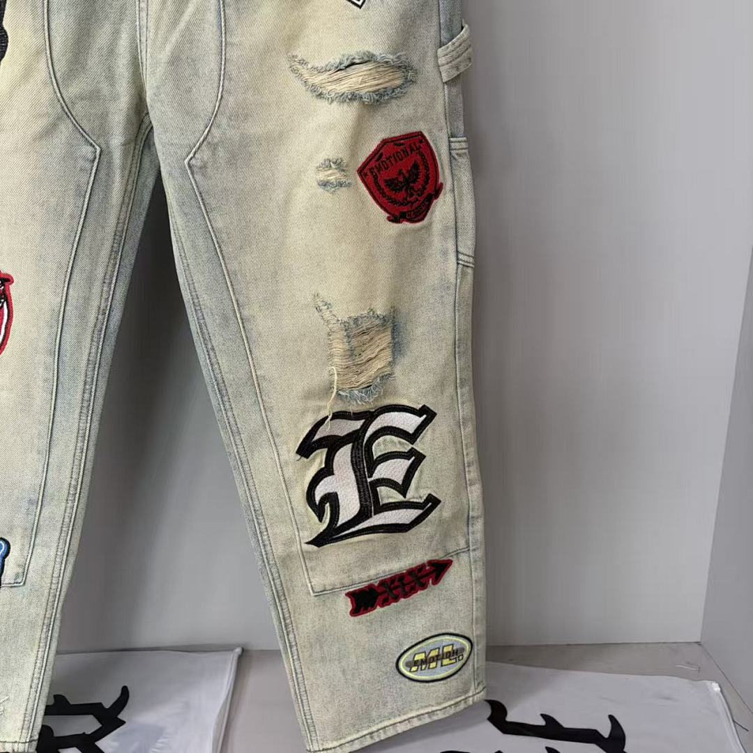 MIXED EMOTION Patchwork Graphic Straight-Leg Jeans