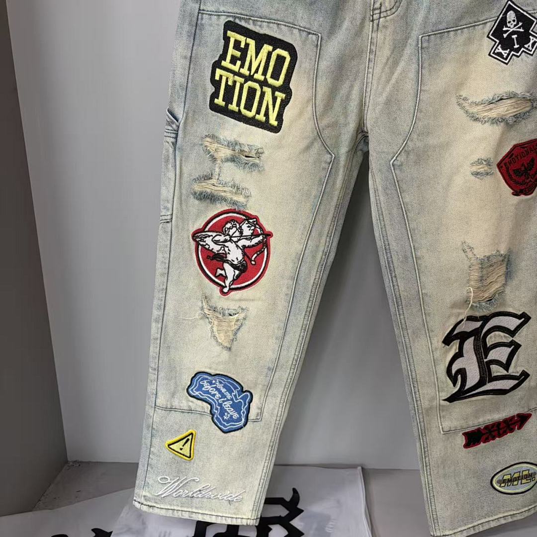MIXED EMOTION Patchwork Graphic Straight-Leg Jeans