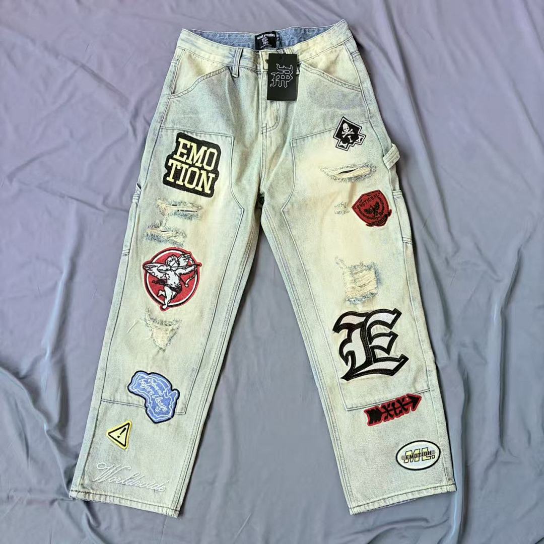 MIXED EMOTION Patchwork Graphic Straight-Leg Jeans