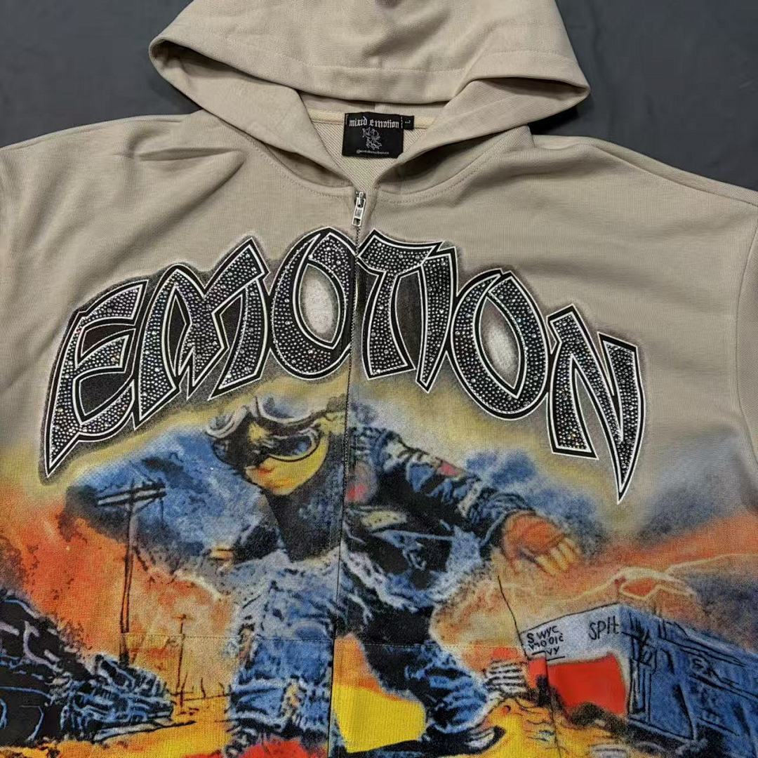 MIXED EMOTION Vintage Artwork Graphic Zip Hoodie