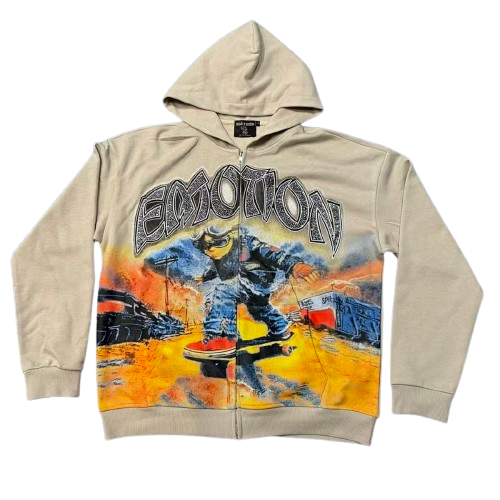 MIXED EMOTION Vintage Artwork Graphic Zip Hoodie