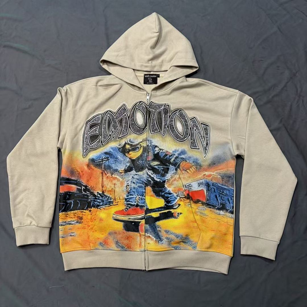 MIXED EMOTION Vintage Artwork Graphic Zip Hoodie