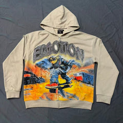 MIXED EMOTION Vintage Artwork Graphic Zip Hoodie