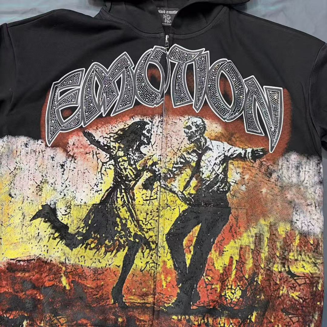 MIXED EMOTION Gothic Character Graphic Zip Hoodie