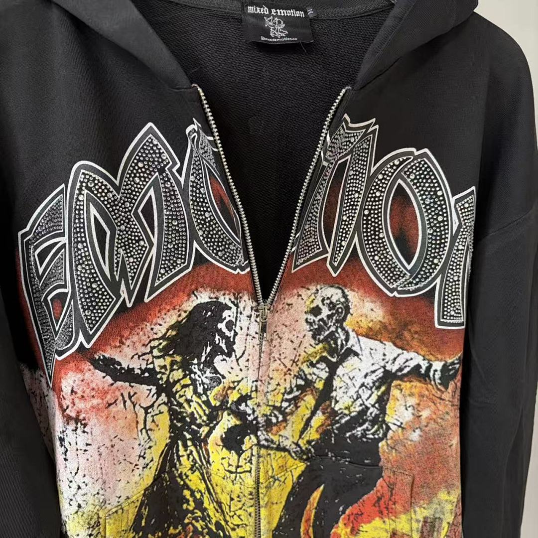 MIXED EMOTION Gothic Character Graphic Zip Hoodie