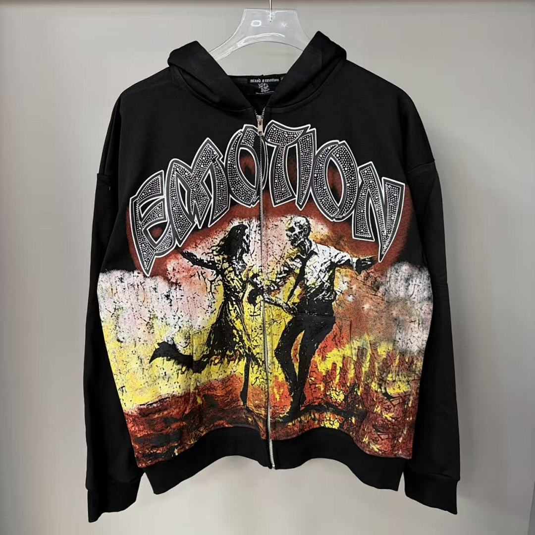MIXED EMOTION Gothic Character Graphic Zip Hoodie