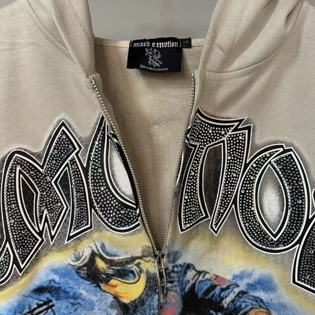 MIXED EMOTION Vintage Artwork Graphic Zip Hoodie