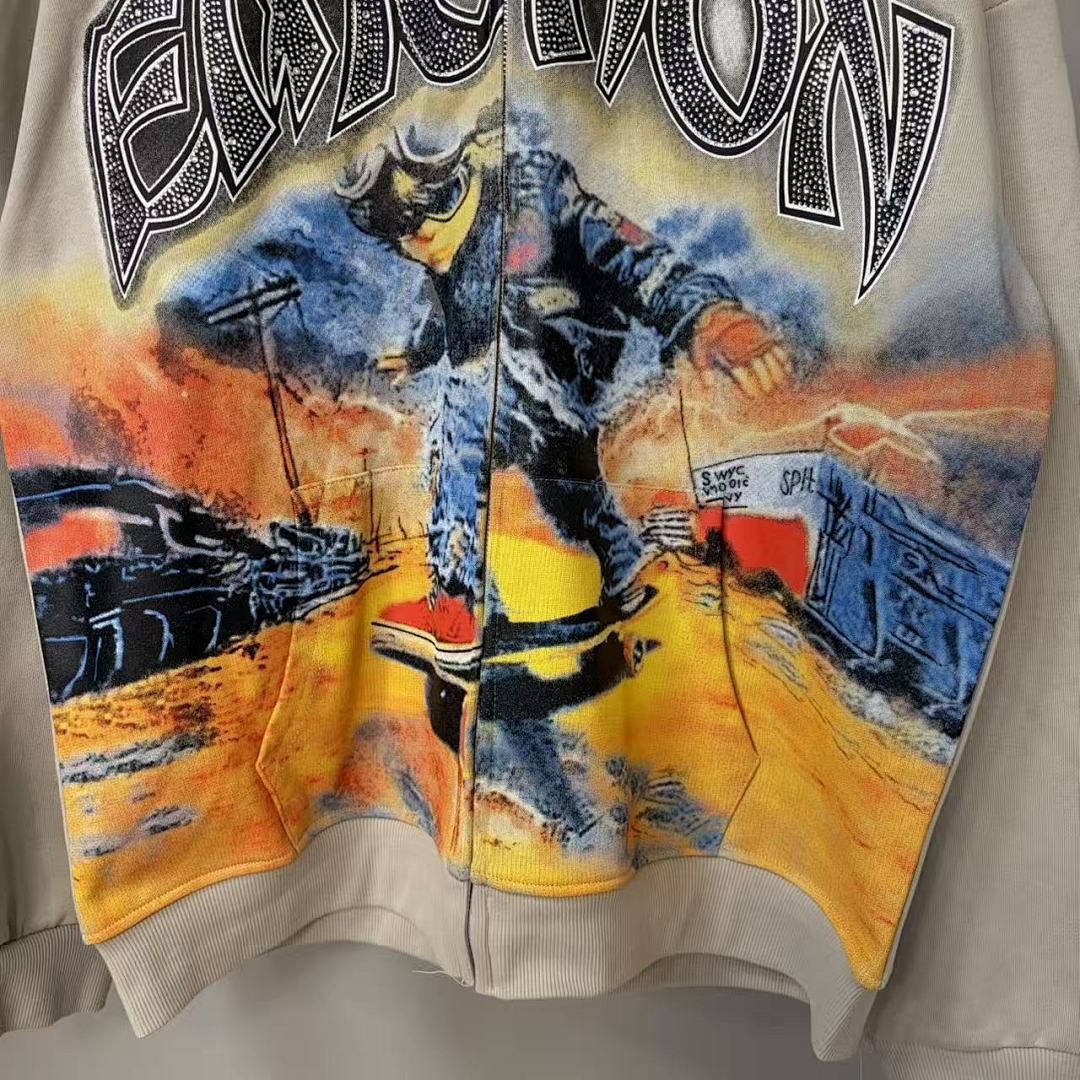 MIXED EMOTION Vintage Artwork Graphic Zip Hoodie