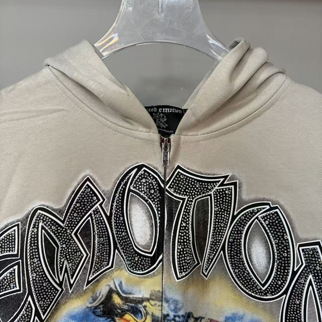 MIXED EMOTION Vintage Artwork Graphic Zip Hoodie