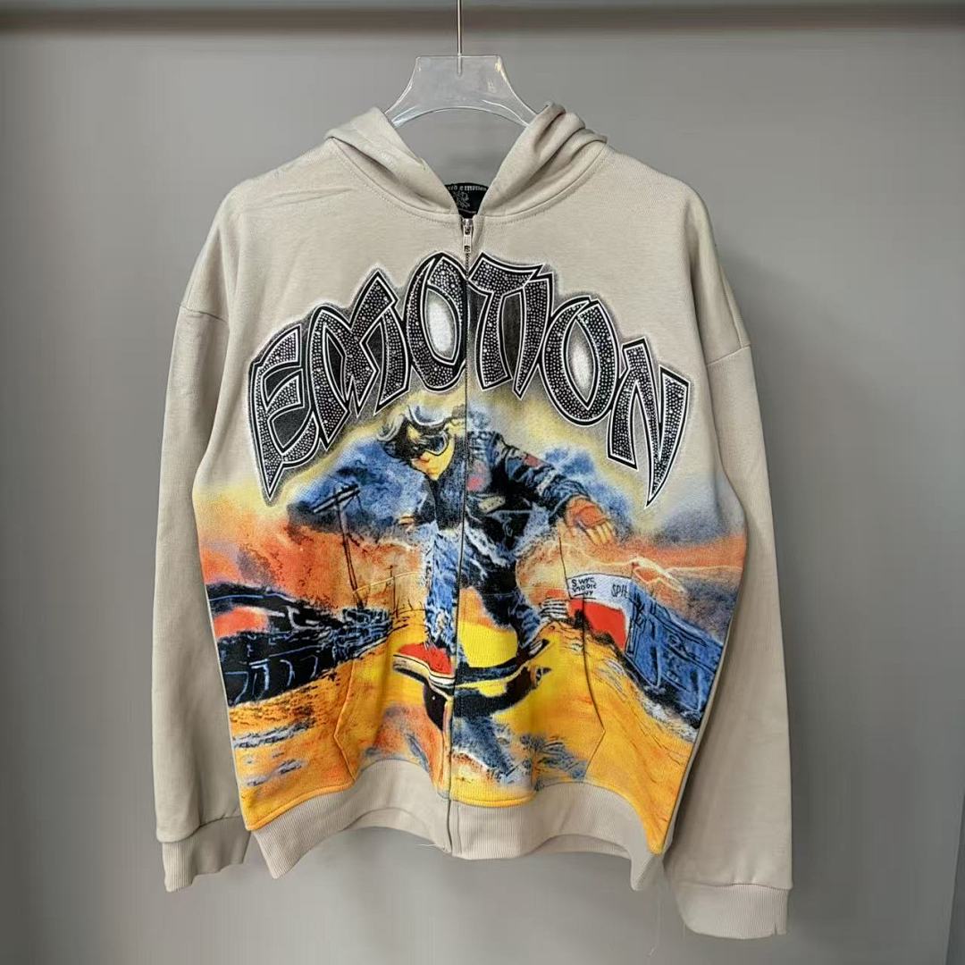 MIXED EMOTION Vintage Artwork Graphic Zip Hoodie