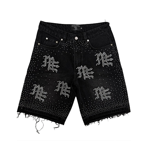 MIXED EMOTION Rhinestone Letter Graphic Relaxed Denim Shorts