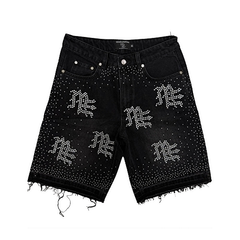 MIXED EMOTION Rhinestone Letter Graphic Relaxed Denim Shorts