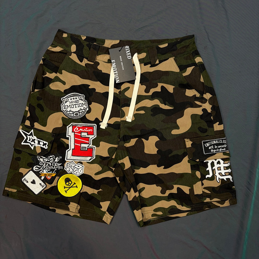 MIXED EMOTION Graphic Patchwork Cargo Casual Shorts