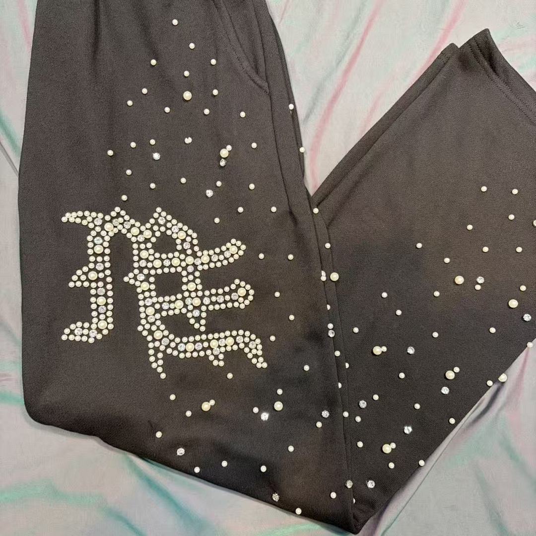 MIXED EMOTION Rhinestone Letter Graphic Relaxed Sweatpants