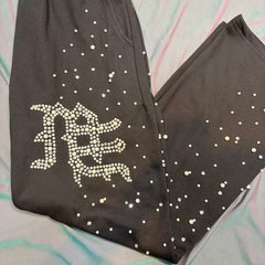 MIXED EMOTION Rhinestone Letter Graphic Relaxed Sweatpants
