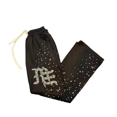 MIXED EMOTION Rhinestone Letter Graphic Relaxed Sweatpants