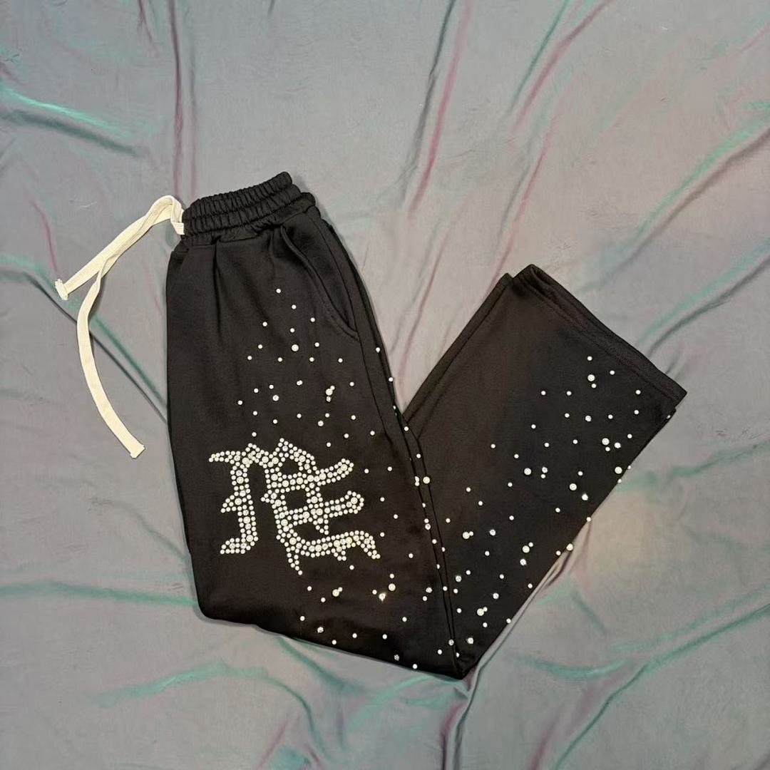 MIXED EMOTION Rhinestone Letter Graphic Relaxed Sweatpants