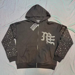MIXED EMOTION Rhinestone Cross Graphic Zip Hoodie